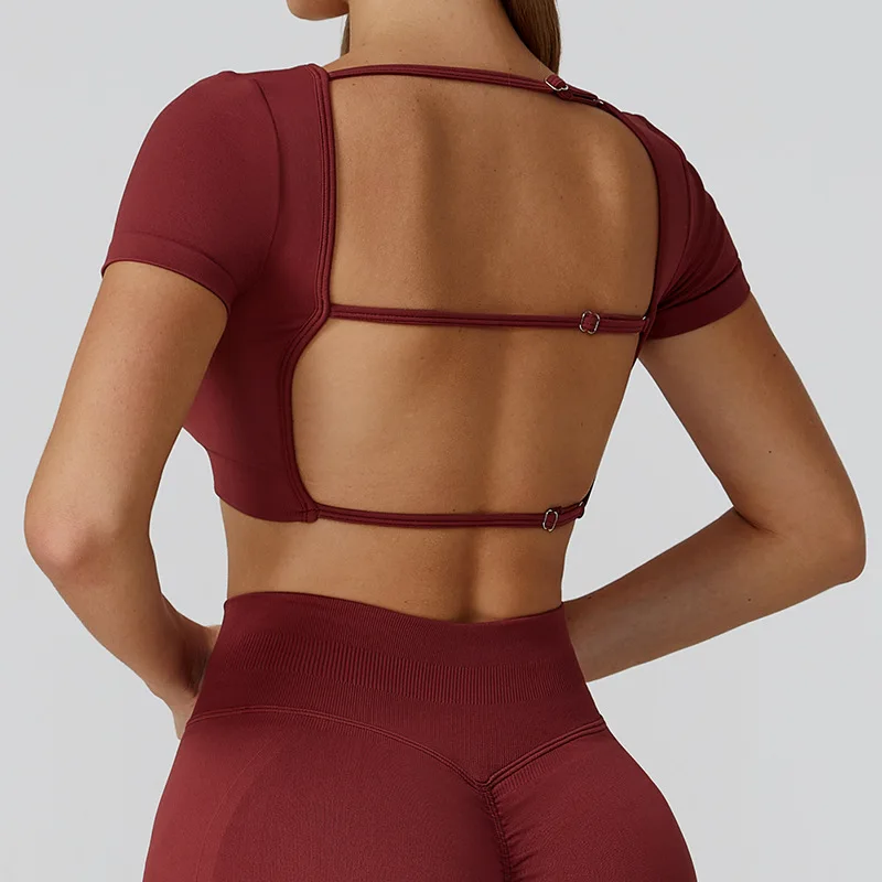 

Осенние короткие спортивные рубашки для йоги с короткими рукавами и красивой спиной с подушечками, женская быстросохнущая футболка для бега, топы для тренировок в тренажерном зале