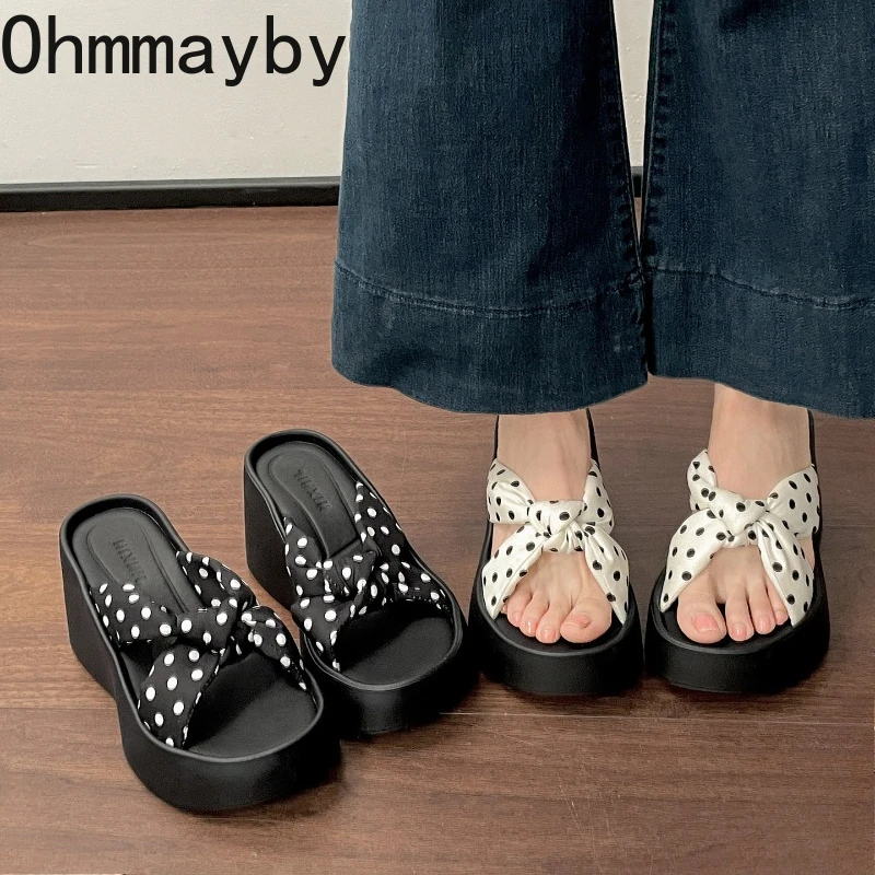 

Platform Wedges Heel Polka Dot Women Slippers Fashion Open Toe Height Increase Shoes Concise Party Dress Female Vacation Slides