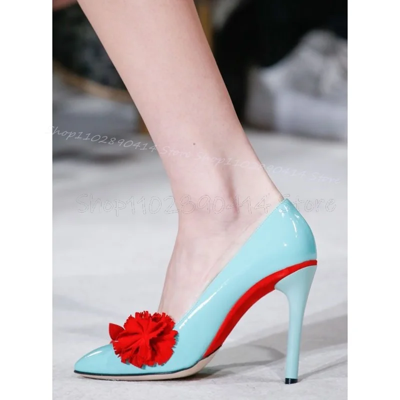 

Red Appliques Sky Blue Patent Leather Pointed Toe Pumps Slip On Women Shoes Thin High Heels Novel Party 2024 Zapatos Para Mujere