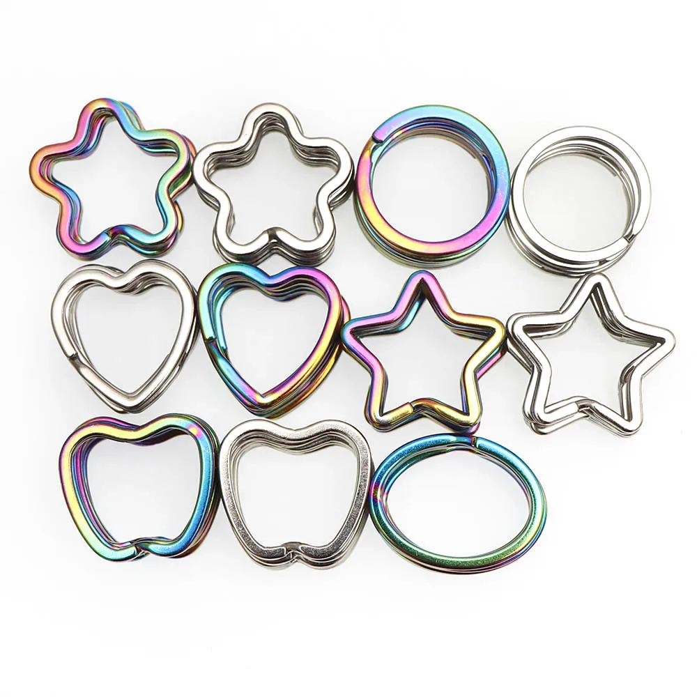 3-10PCS Rainbow Split Ring Heart Star Apple Keychains Metal Key Chain Ring Split Rings Unisex Keyring Keyfob Accessories DIY