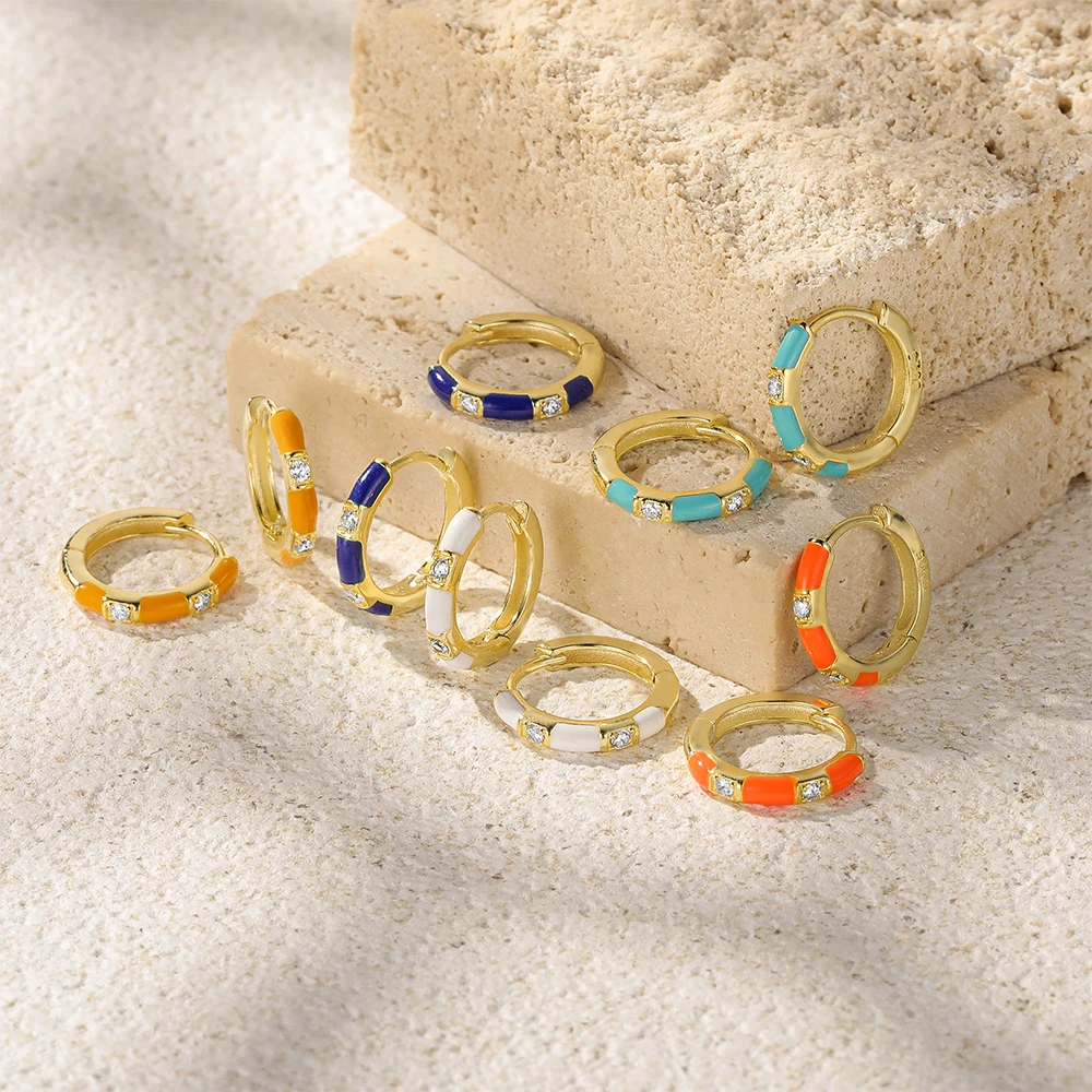 Colorful Enamel Zircon Splicing Hoop Earring For Women Genuine 925 Sterling Silver Gold Color Circle Earring Fine Jewelry