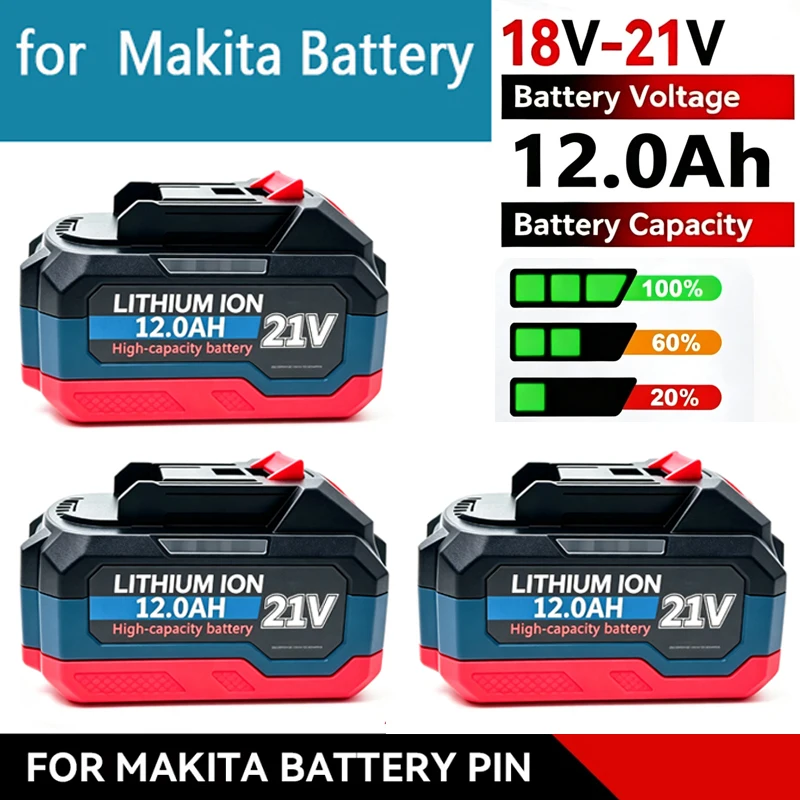 New 21V Battery 12.0Ah Rechargeable Battery Compatible with Makita 18V Battery DGA404 DTW700 DHR202 DJV182 DDF487 Power Tools