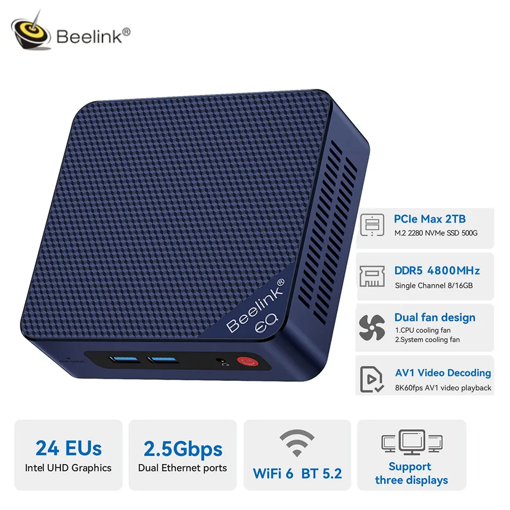 Beelink Eq12 Pro Intel 12e N100 Mini Pc Wifi6 Ddr5 Ram 16G Ssd 500G Gaming Computer Bt5.2 Dual 2.5Gbps Lan Type C