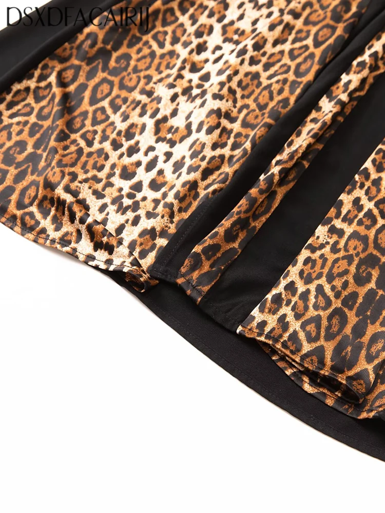 DSXDFACAIRIJ ليوبارد طباعة الخامس الرقبة فستان رصاص للنساء طويلة الأكمام الدانتيل متابعة شق أنيقة الخريف موضة الملابس النسائية