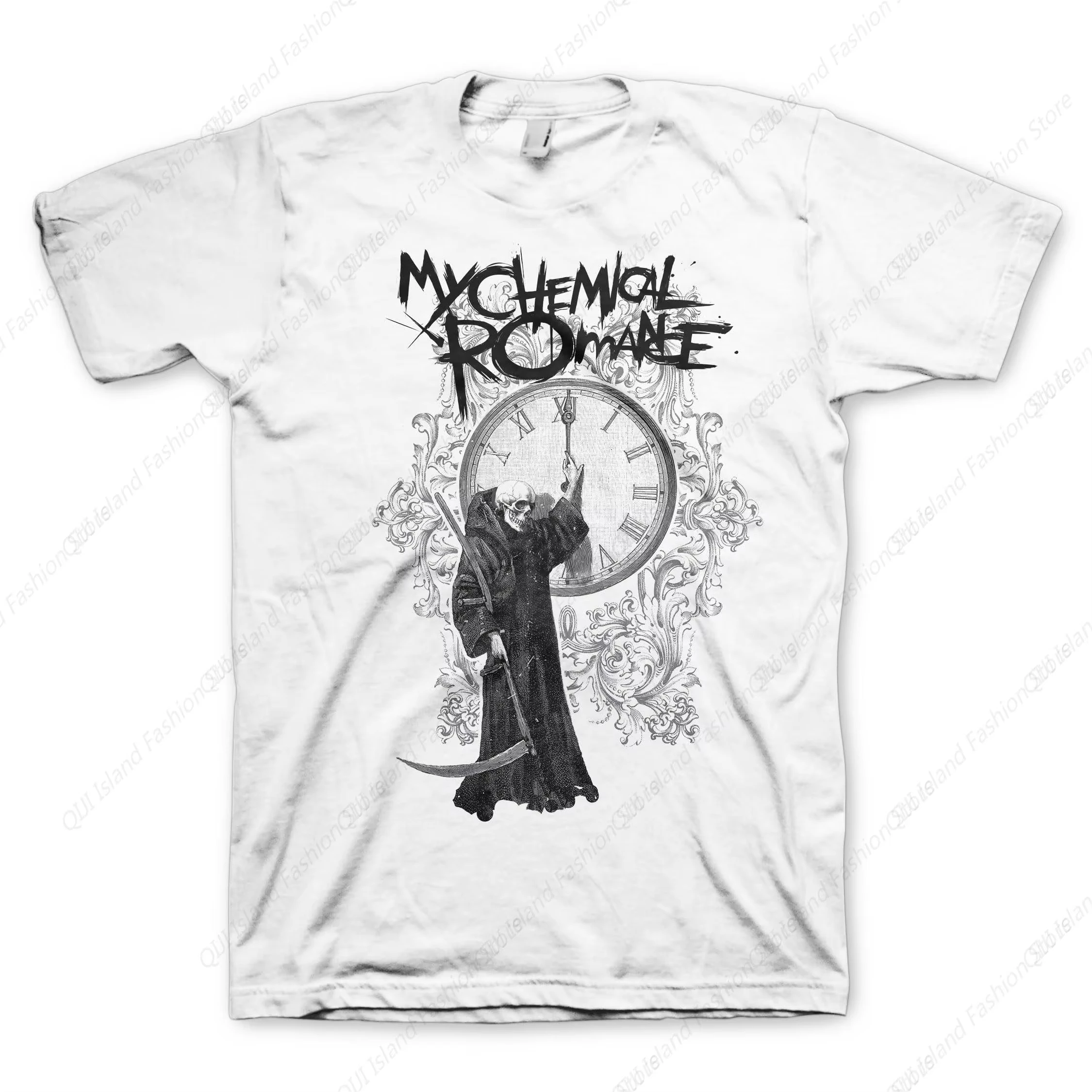My Chemical Romance Fire Time White Short Sleeve T Shirt Rock Music Vintage Style Graphic Tees Suitable for Both Men and Women