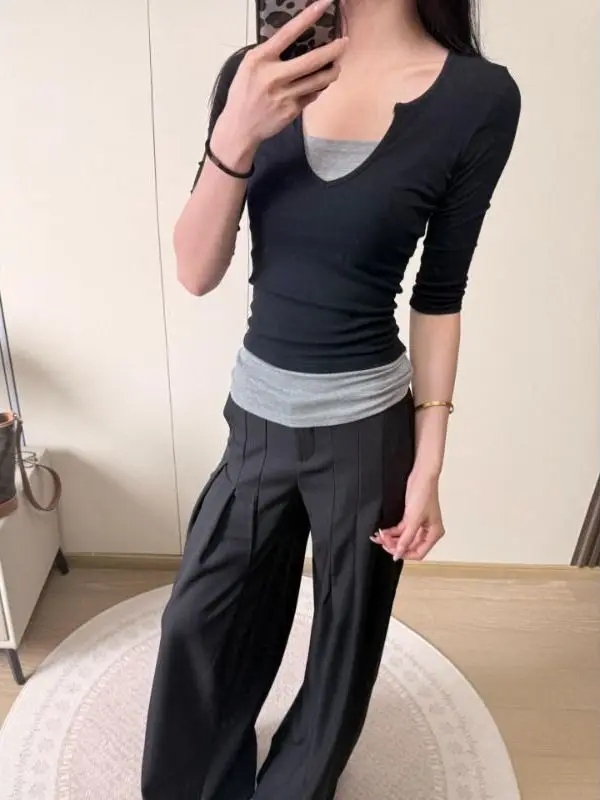 Color Block Fake Two-Piece Shoulder Length Five-Sleeve Women's T-Shirt Slim Fit Short Style Pure Color Spring Autumn Top