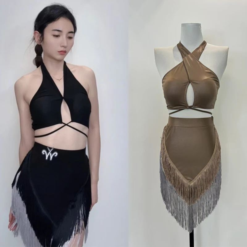 

Women'S Latin Dance Clothing Sexy Halter Top Tassels Skirt Adults Chacha Latin Dance Competition Costume Practcie Wear SL12625