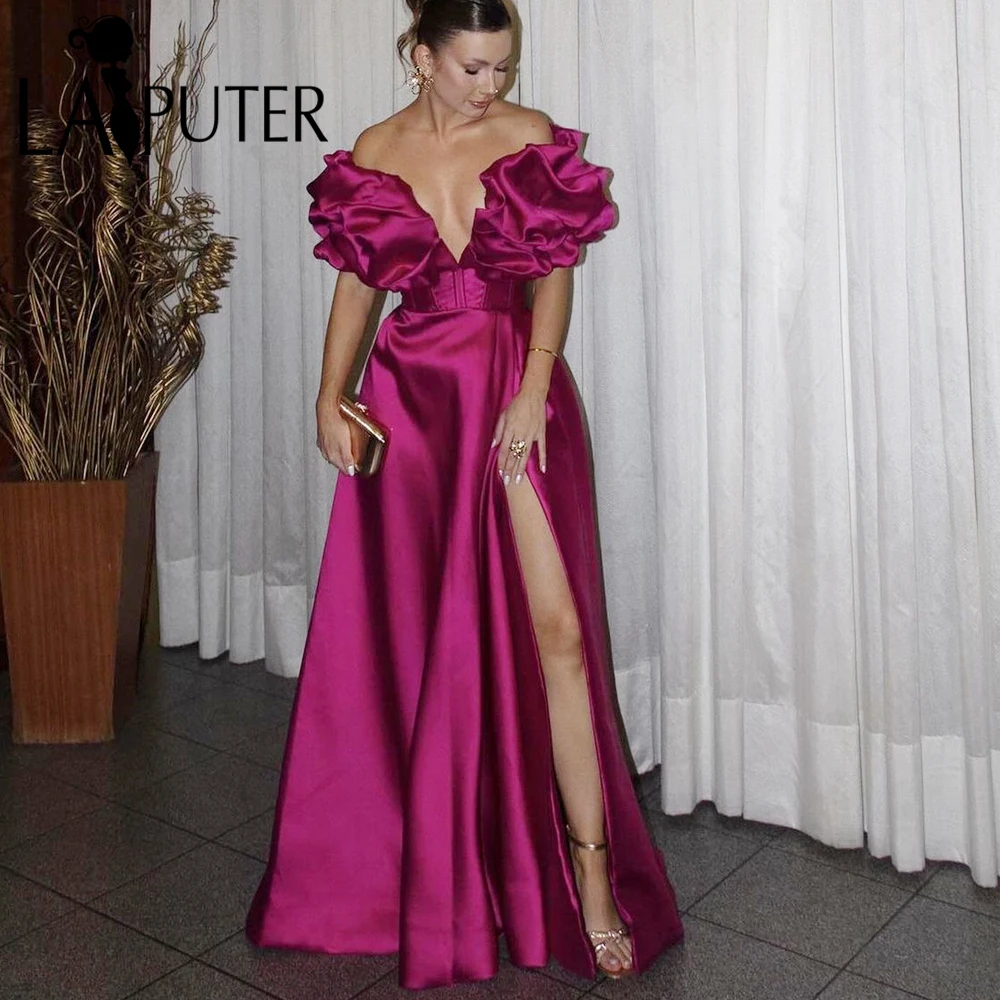 Heavy Soft Satin Fuchsia Prom Dresses Open Cut V A line Long Evening Gown Draped Ruffles Shoulder Sleeves Slit Celebrity Dress