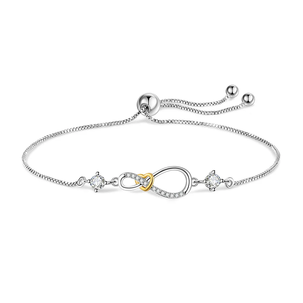925 Sterling Silver Golden Heart Bracelets Zircon Infinite Love Lucky Adjustable Bracelet For Women Fine Jewelry Accessories