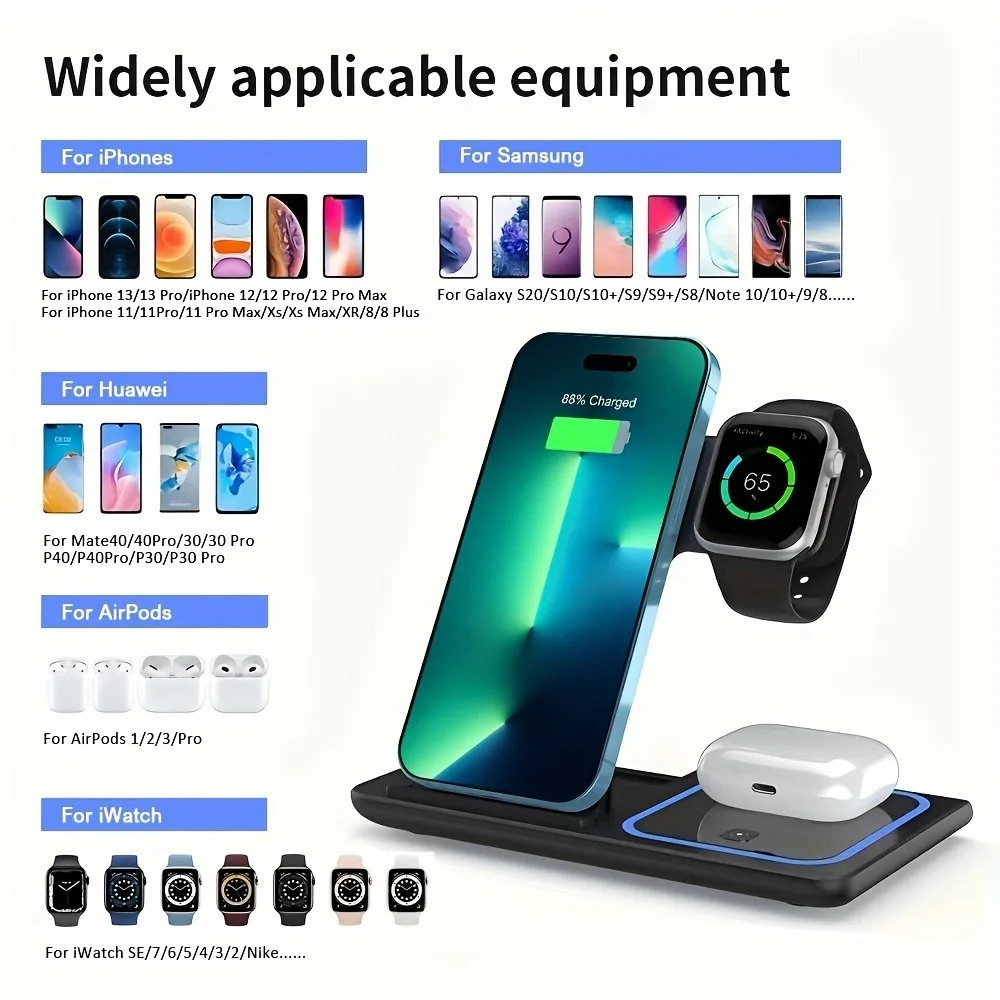 30W LED Fast Wireless Charger Stand 3 in 1 Foldable Charging Station For iPhone 15 14 13 12 11 Apple Watch 9 8 7 6 5 AirpodsX455