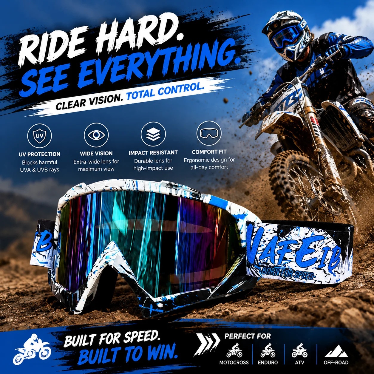 Blue White Graffiti Moto Goggles UV Protection Wind Dust Proof For MX Enduro Dirt Bike ATV MTB Ski Cycling Sports Eyewear