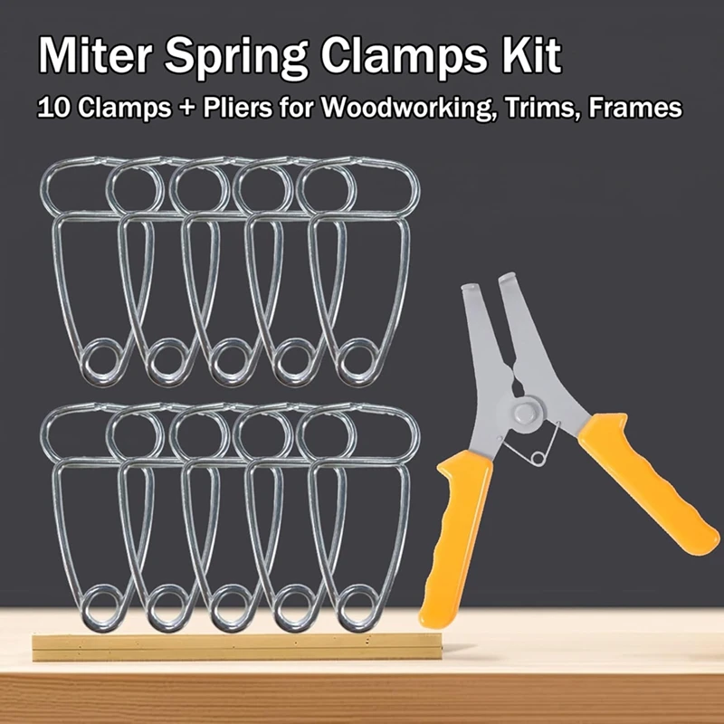 Miter Clamps Pliers Kit with 10 Miter Spring Clamps and 1 Spring Clip Pliers, Strap Corner Wood Clamps for Woodworking-ABFB