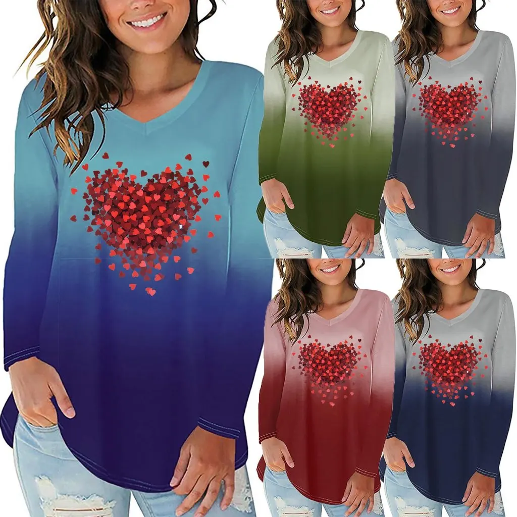 

Gradient Red Love Print Women's V-Neck T-Shirt Long Sleeve Irregular Hem European American Style by