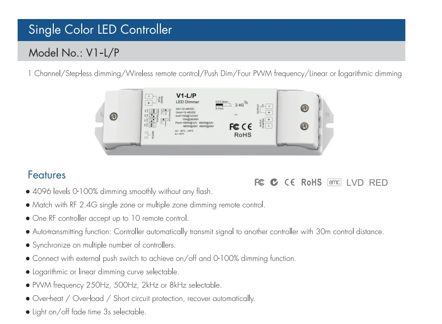 

2.4G RF Push-Dim CV Controller, V1-L/P PWM 1CH*15A 250HZ/500HZ/2KHZ/8KHZ For Single Color LED Strip Light 12V-48V DC24V 36V