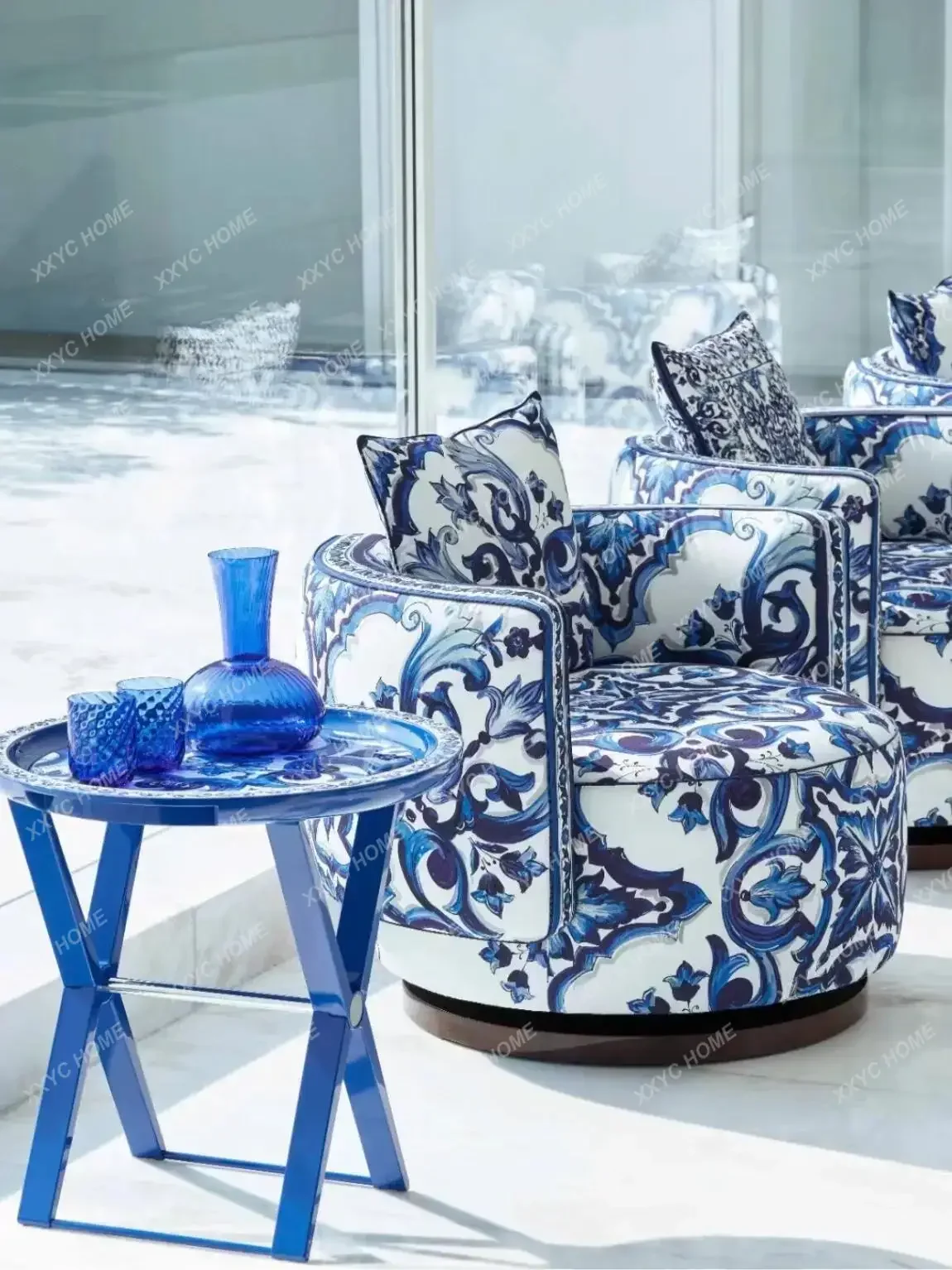 High-end Blue And White Porcelain Fabric Sofa Designer Artistic New Chinese-style Home Backrest Leisure Chair