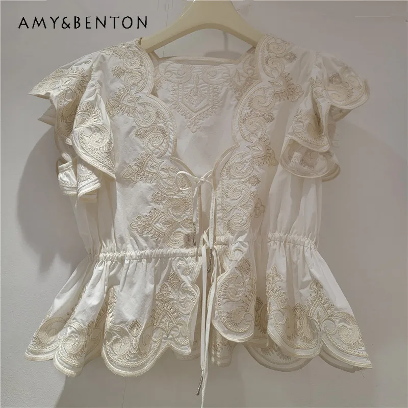 

Heavy Industry Design Floral Embroidery Women's Clothing 2026 Summer New Petal Off-White V-neck Waist-Cinching Shirt Tops Ladies