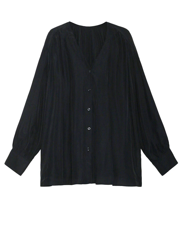 EAM-blusa informal de manga larga para mujer, camisa holgada con cuello en V, talla grande, elegante, color negro, para primavera y otoño, 2024,