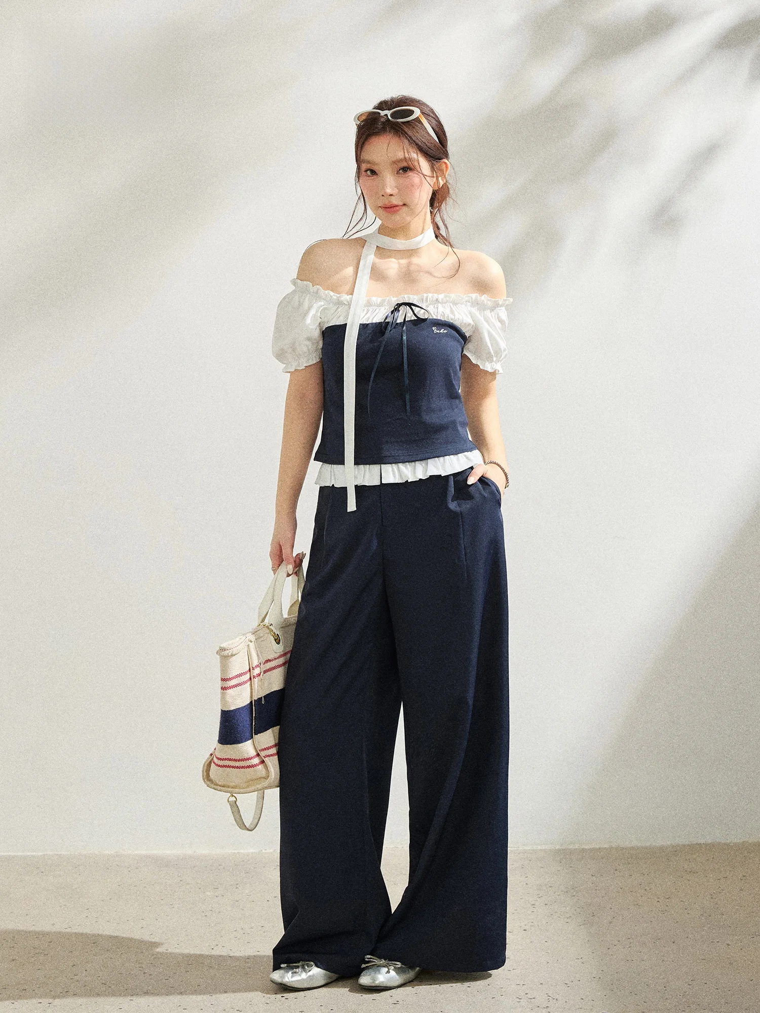 

Zhang Da plus Size Women's Fashion Slimming Two-Piece Set Sweet Cool One-Shoulder Top Wide Leg Pants Casual Korean Style