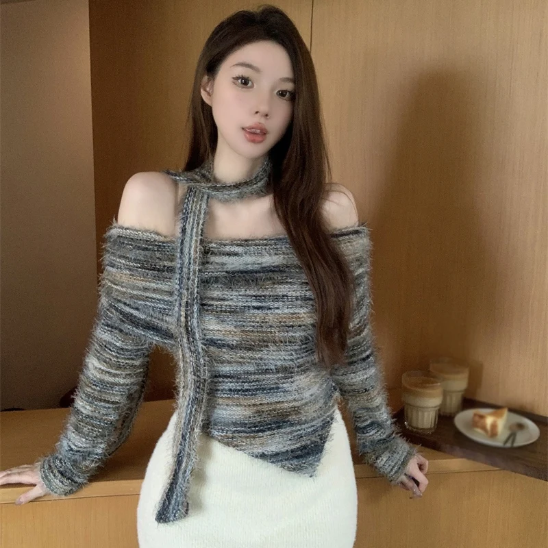 Women Stripe One Shoulder Knitted Sweater New Autumn Winter Spicy Girl Off The Shoulder Slim Fit Top