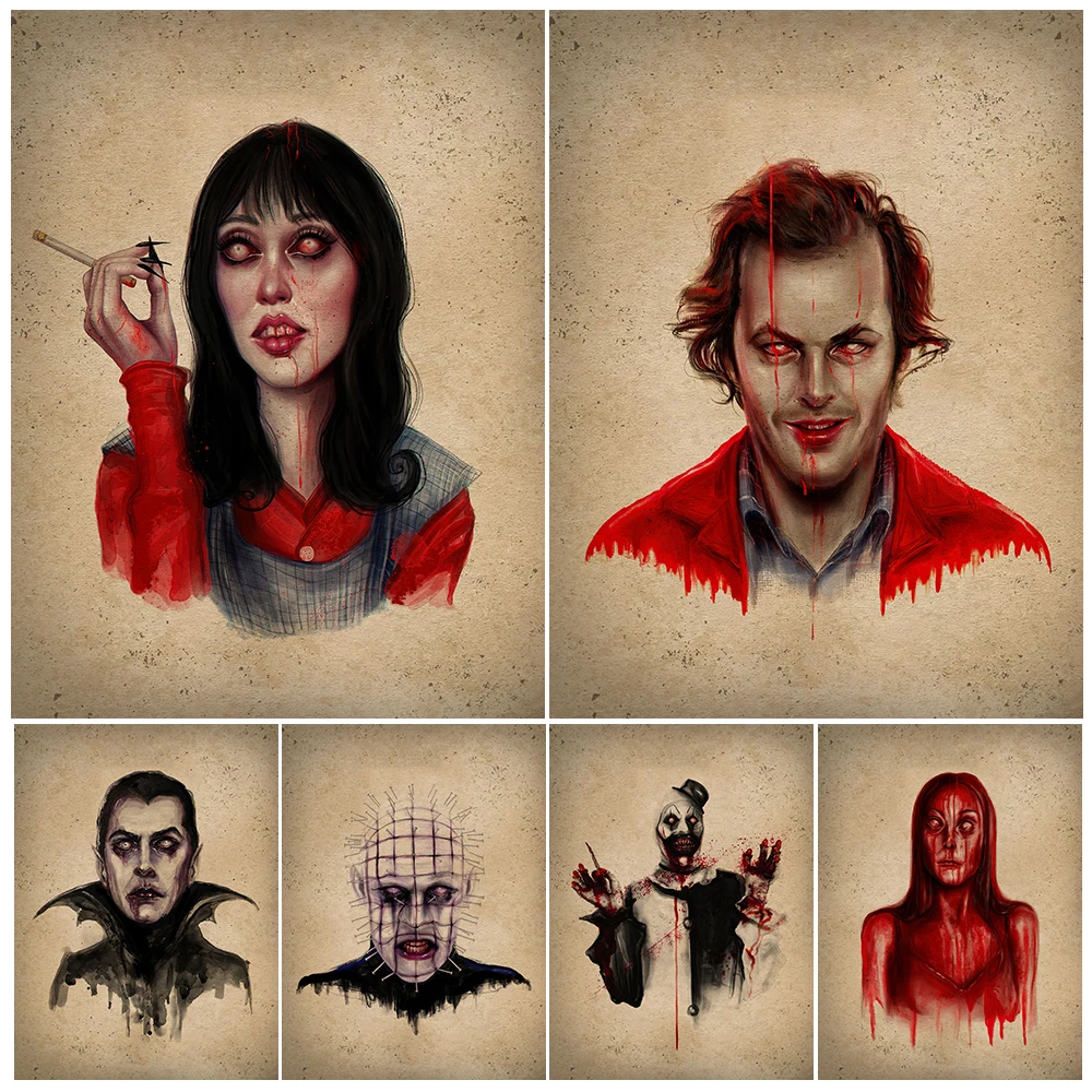 Hell Monk And Scary Clown Vintage Portrait Wall Art Canvas Painting,Creepy Horror Movie Characters Art Poster Print Decoration