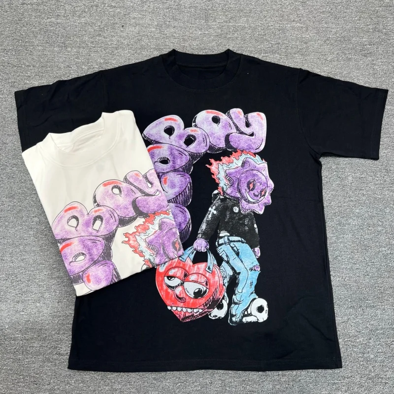 Men Cartoon Sun Boy T-Shirt Purple Graffiti Heart Print Y2K Oversized Tee