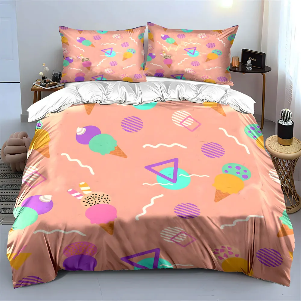 Sweet Summer Ice Cream and Geometric Print Bedding set 3PC 1 duvet cover 2 pillowcases adult and children bedding set