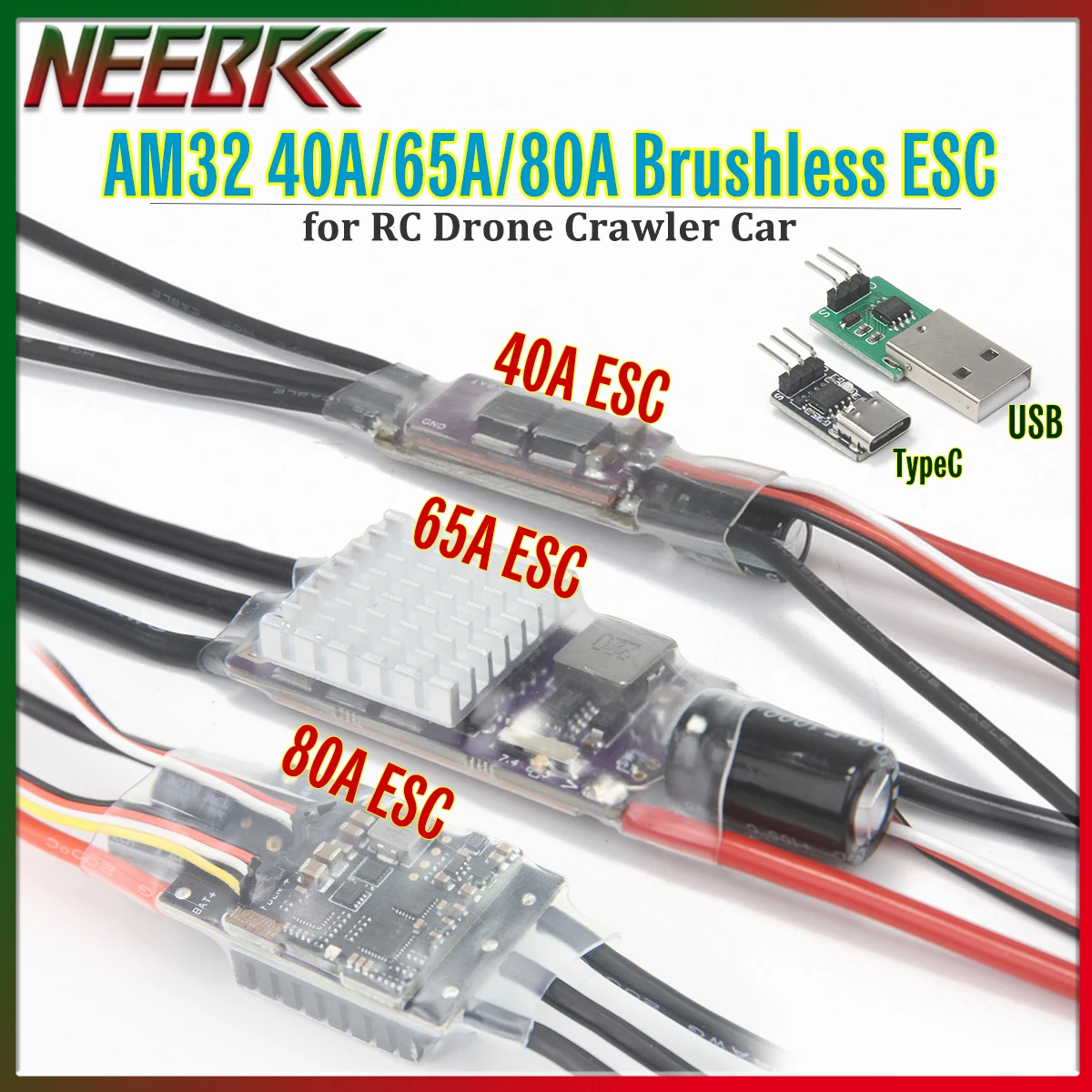AM32 40A 65A 80A Brushless ESC 32-bit Speed Controller Signal Support PWM/DSHOT/Sine USB/TypeC Adjuster for RC Drone Crawler Car