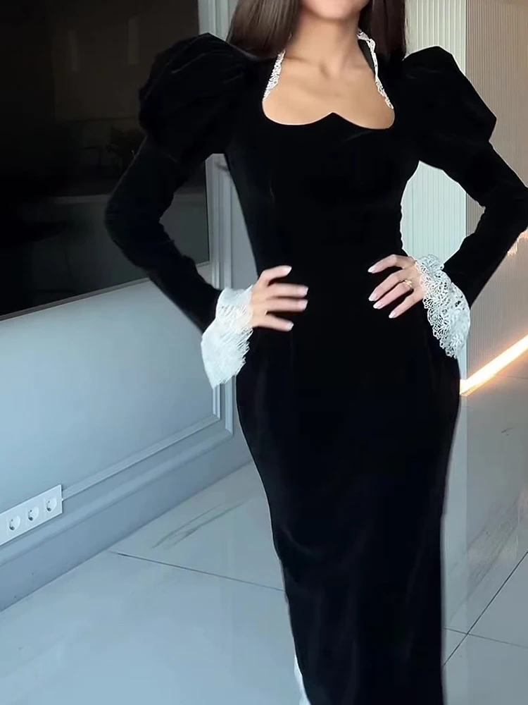 

Элегантное золотистое бархатное вечернее платье с длинными рукавами, темпераментные топы-трубы, банкетное платье с кружевным подолом, модное платье на бедрах с запахом и цветными блоками