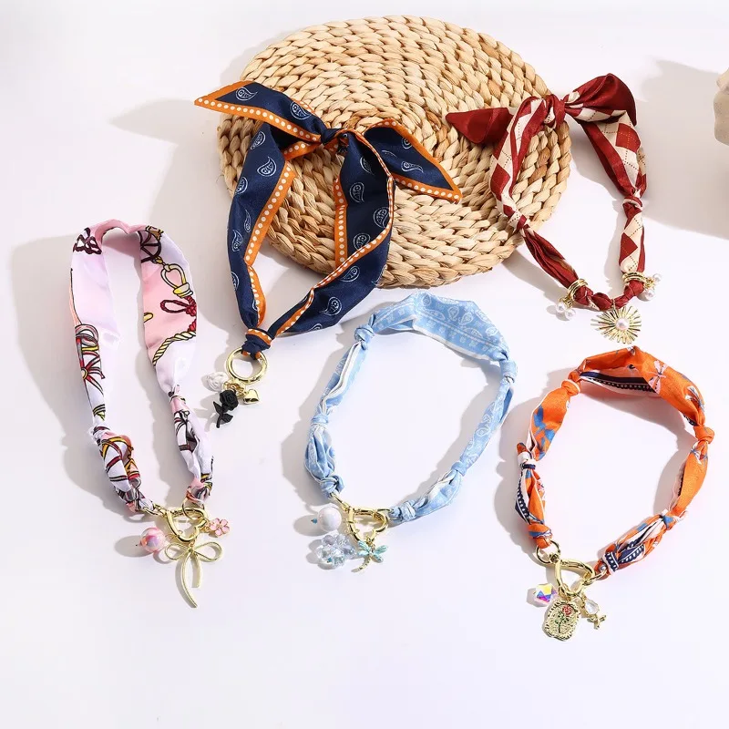 New handmade fabric scarf and ribbon necklace,colorful flower pendant necklace,Bohemian fashion vacation scarf necklace pendant