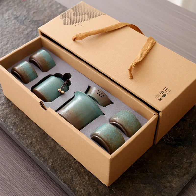 Vintage Spring Green Pottery Tea Set Kiln Changed Rough One-Pot Caddy with 4 Cups for Outdoor Living Room And Tea Room