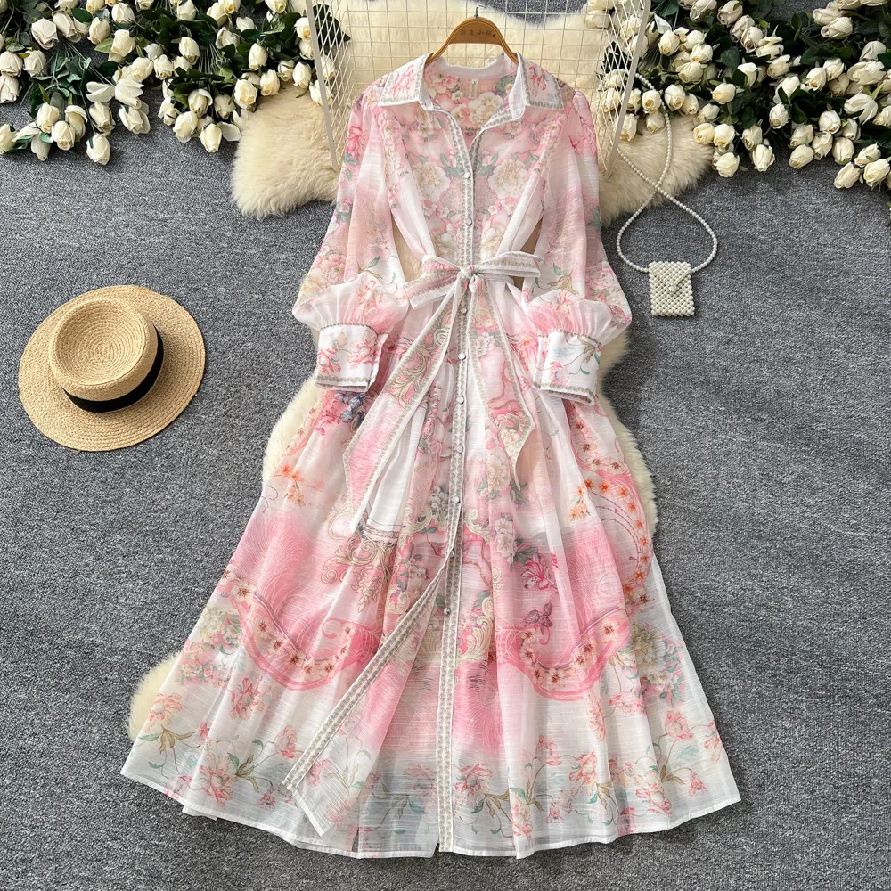 Iridesse Neues Elegantes Blumenkleid, Lange Puffärmel, Taillengürtel, A-Linien-Maxikleid, Resort-Stil, Retro-Kleid