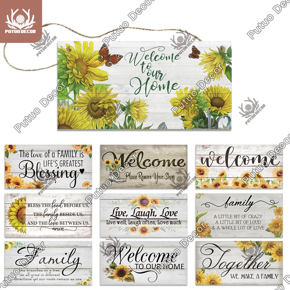 Putuo Decor-Sunflower Wooden Sign, Rustic Hanging Plaque, Flower, Welcome Family Gift, Tags for Garden, Man Cave Wall Decoration