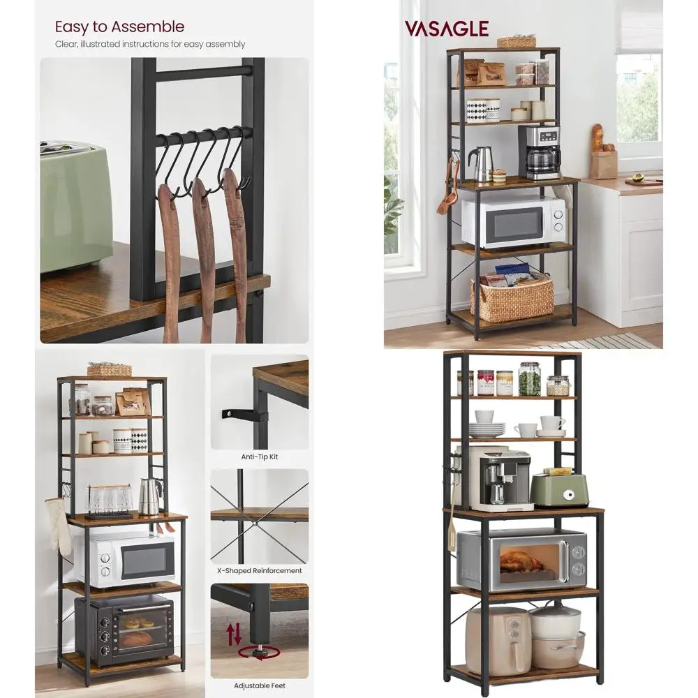 

6-ярусная промышленная этажерка в стиле рустик, коричнево-черная, с местом для хранения и подставкой для микроволновки, для кухни