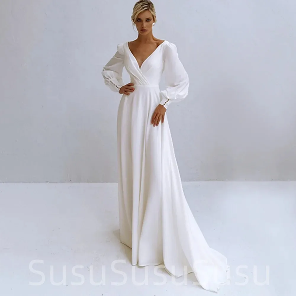 

2023 New V-Neck Wedding Dress Long Sleeve A-Line Pleats Pears Simple Chiffom Bride Gown Backless Zipper Train Vestido De Novia