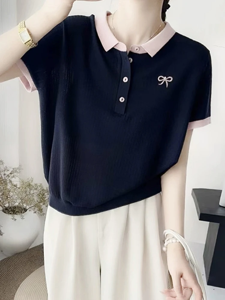 

Повседневный женский летний топ из трикотажа «айс-силк» с узлом, свободного кроя, в корейском стиле