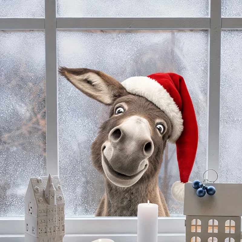 1pc Christmas Hat Peeping Donkey Wall Sticker Window Decal, Suitable for Bedroom, Study, Living Room, Window and Wall Decoration