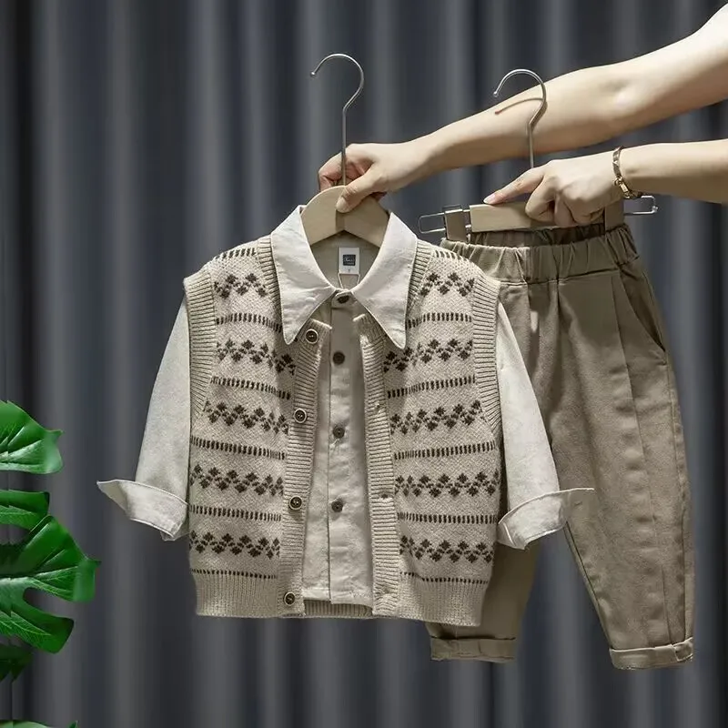 2026 Spring Autumn New Baby Boy Clothing Suit Knitted Sleeveless Sweater Vest + Shirts + Pants Boys Outfit Kids Set 2-7Years