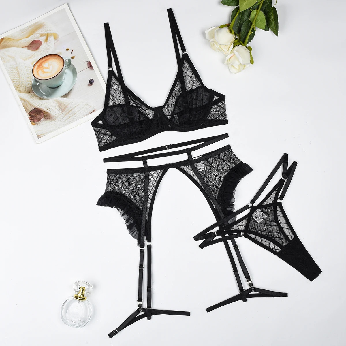 MUZISKAT 2024 New Bra Hot Fashion Diamond Lattice Mesh Splicing See-Through Sexy Lingerie Four-Piece Set Onlyfans