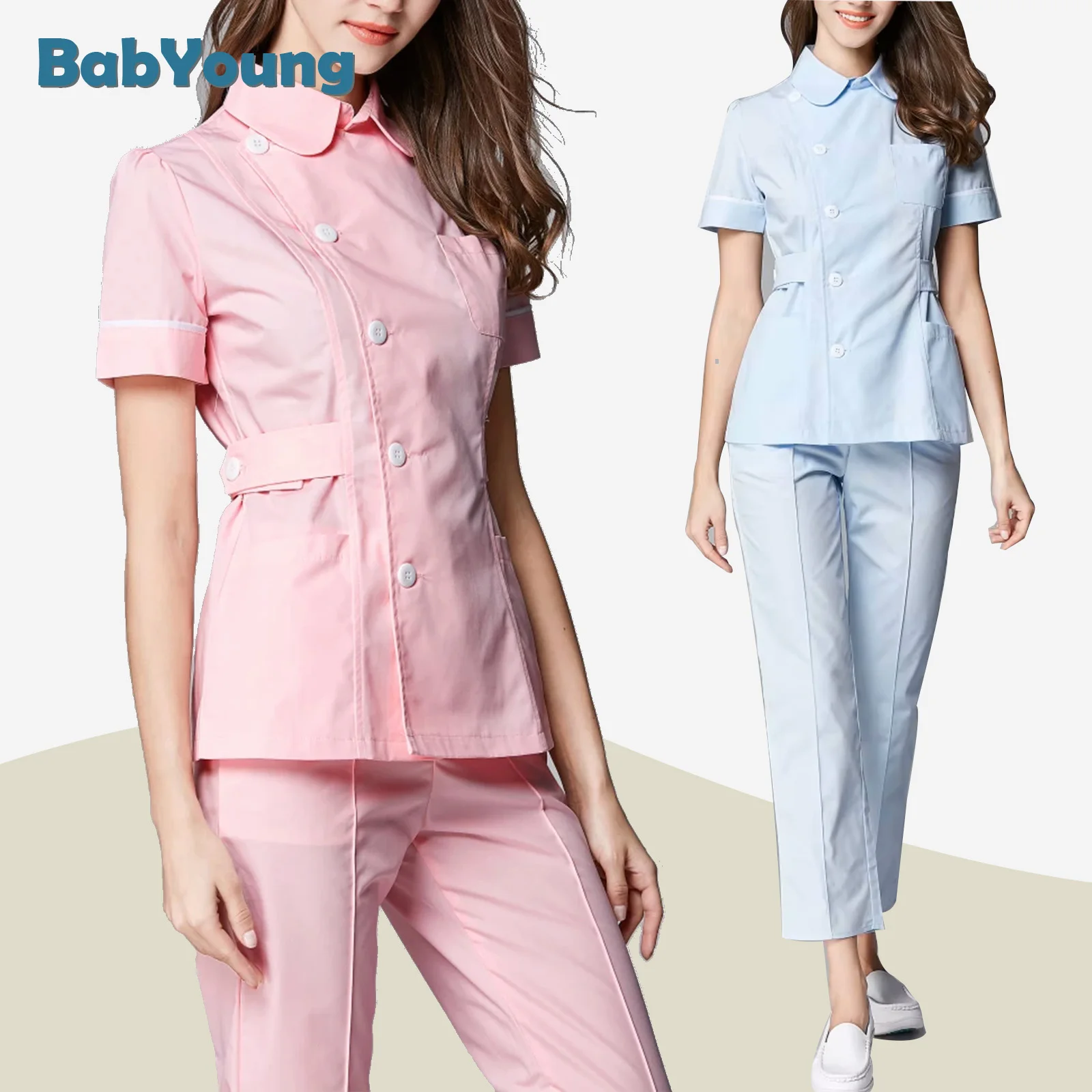 Front Side Button Opening Nurse Uniform Summer Short Sleeve Simplicity Beauty Salon Skin Caring Dental Workingwear Top+Pant