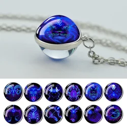 12 Zodiac Signs Glass Ball Necklace for Men Women Leo Libra Scorpio Aries Taurus Constellation Pendant Necklace Birthday Gifts