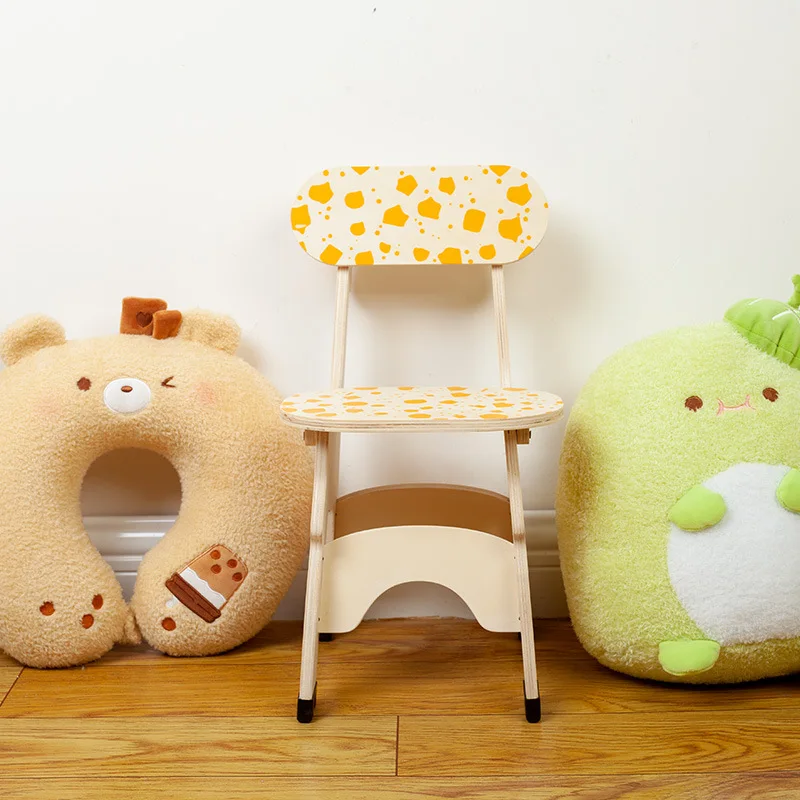 子供用スツール-子供用家具-タブレテ-プレガブル-幼稚園用無垢材椅子-学生用背もたれ-キリン柄-ダイニングチェア