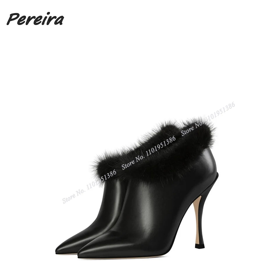 

Pereira Black Fur Decor Short Boots Side Zipper Pumps Stiletto High Heel Shoes for Women Thin High Heel Shoes Zapatillas Mujer