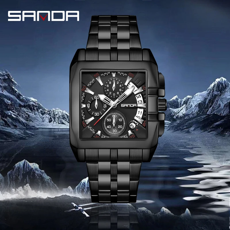 Fashion Sanda Top Luxury Man Six-needle Quartz Movement Waterproof Date Full Stainless Steel Strap Business Watch Reloj