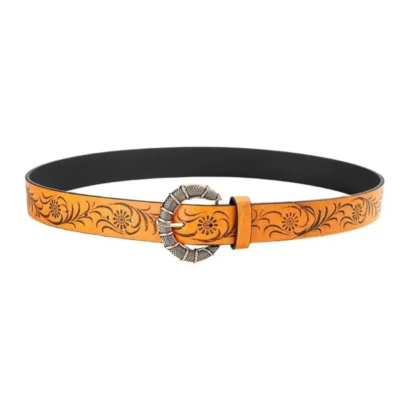 A52E Metal Buckle Belt Vintage Waistband Embossed Flower Pattern Belt for Daily Wear