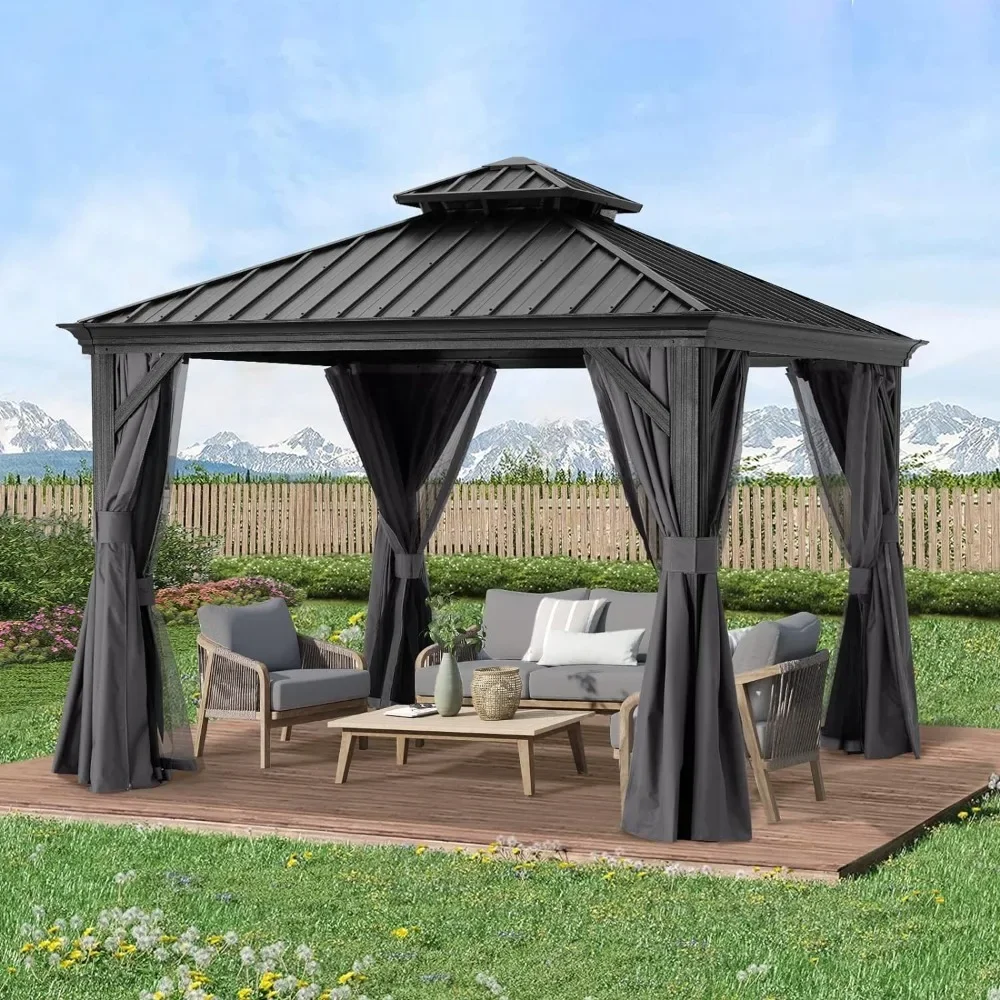 

10x10Outdoor Gazebo, Metal Hard Top Gazebo, Permanent Galvanized Steel Aluminum Framed Pavilion with Netting and Curtain