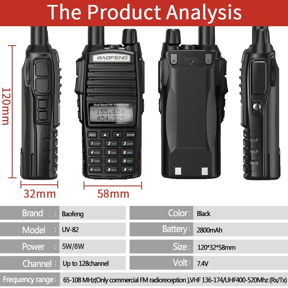 Baofeng UV 82 Walkie Talkie Real 5W 8W Ham Radio Comunicador Dual PTT Largo Alcance 2 vías Portátil FM Amateur Radio Station