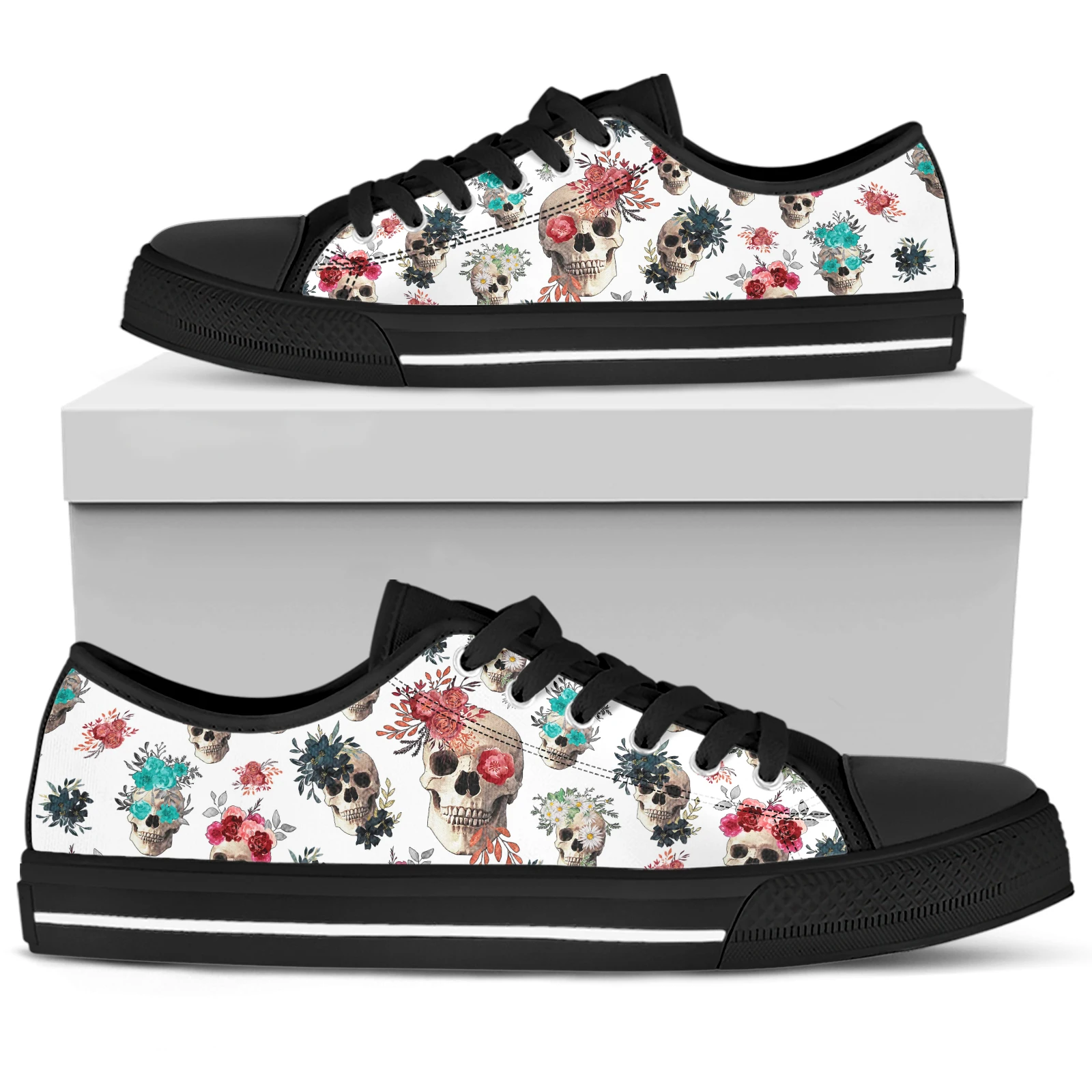 ELVISWORDS Fashion Colorful Flora Rose Skull Classic Low Top Women's Shoes Skull Print Canvas Shoes Zapatos Planos De Mujer