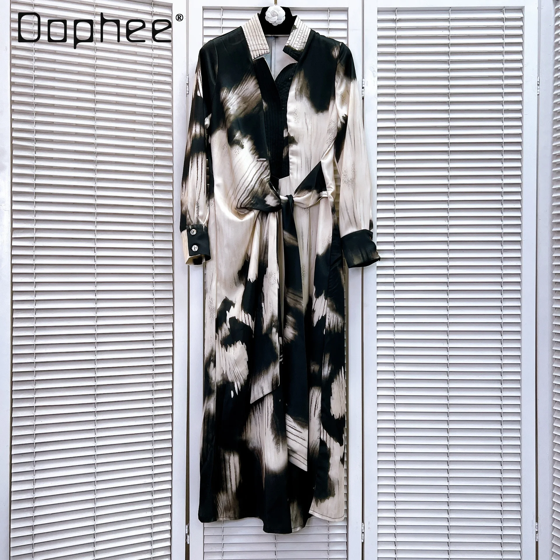 Elegante Prominente Vintage Print Kleid Frauen Herbst Koreanische Mode Langarm Dünne Lange Kleid High-end-V-ausschnitt Hemd Kleider