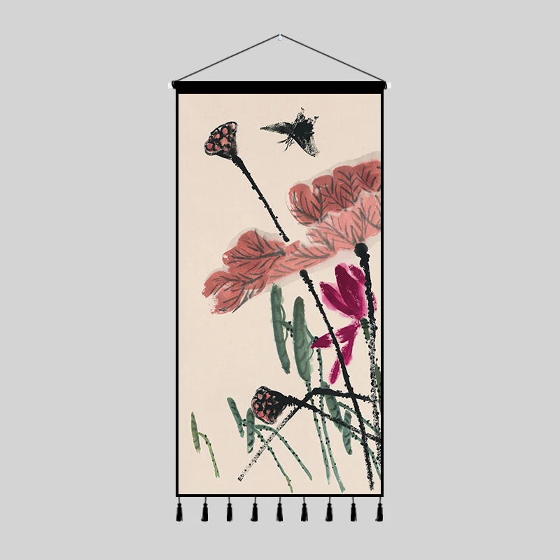 Ink‑Zen Shrimp Lotus Tapestry Wall Hanging Traditional Chinese Watercolor Scroll Background Cloth for Living Room Interior Decor