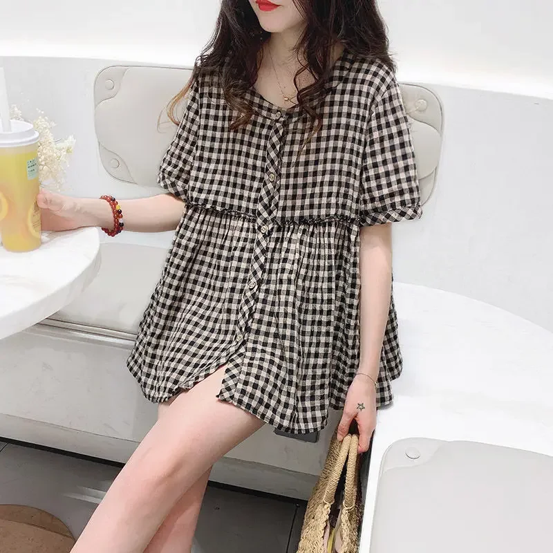 Fashion O-Neck Button Spliced Ruffles Short Sleeve Plaid Shirts Female Clothing Summer New Loose Casual Tops Sweet Blouses B347